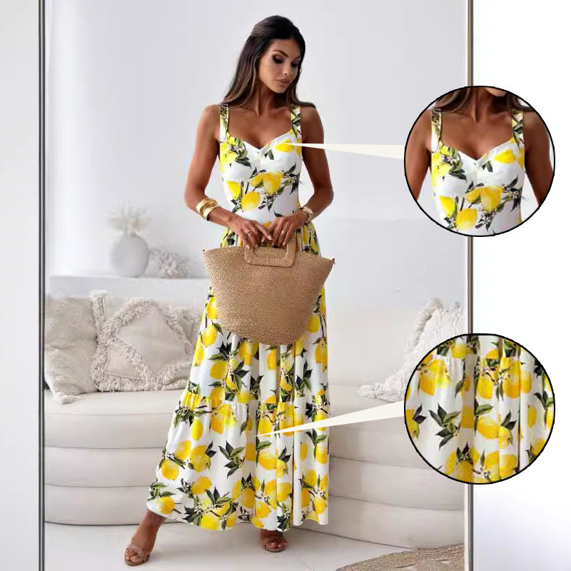 Banhi™ Elegant Maxi Dress with Lemon Print