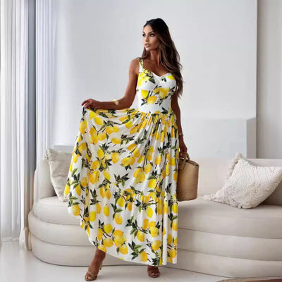 Banhi™ Elegant Maxi Dress with Lemon Print